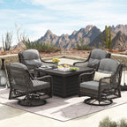 Ensemble de salon de jardin pivotant Corvus Vasconia 5 pièces en résine tressée avec table à feu