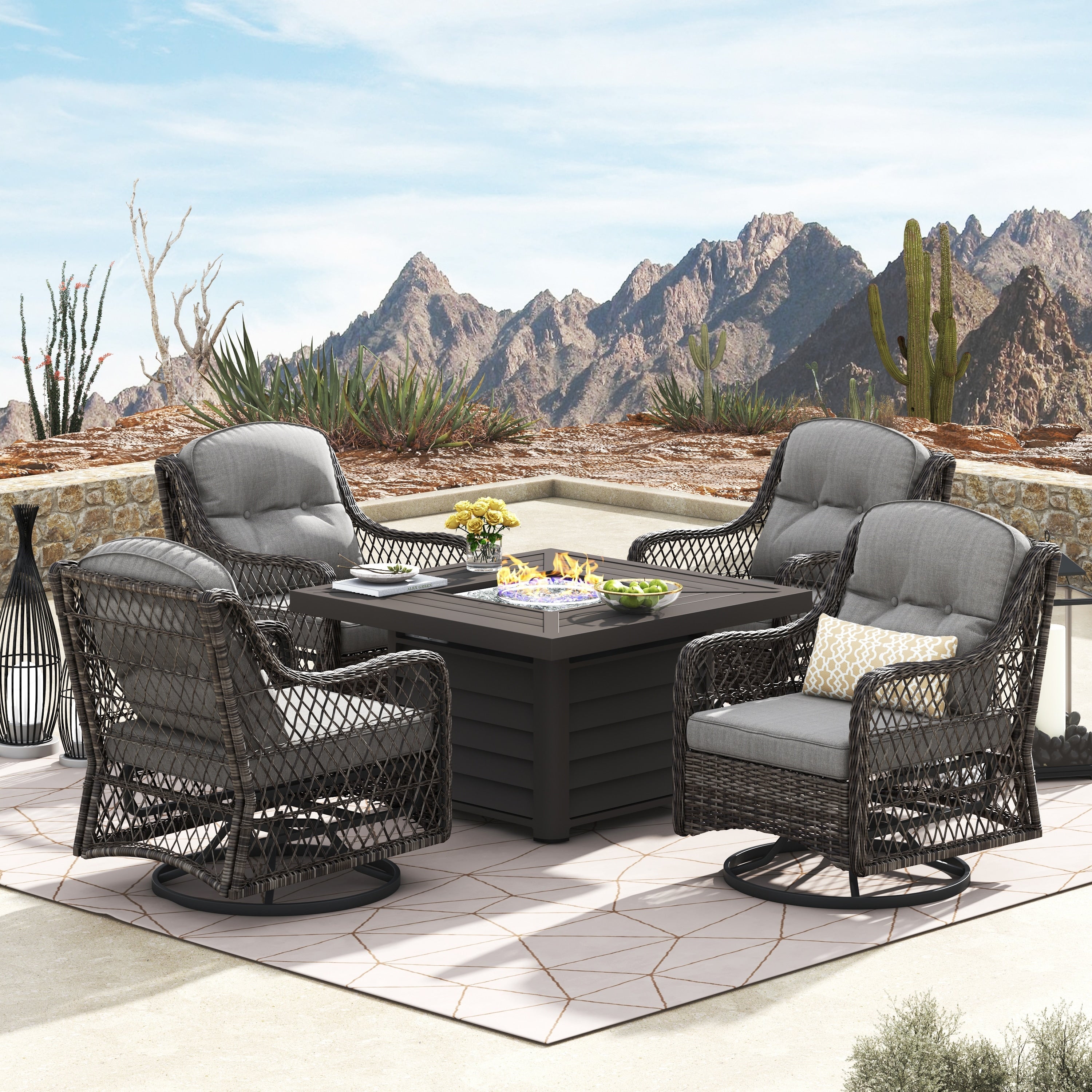 Ensemble de salon de jardin pivotant Corvus Vasconia 5 pièces en résine tressée avec table à feu