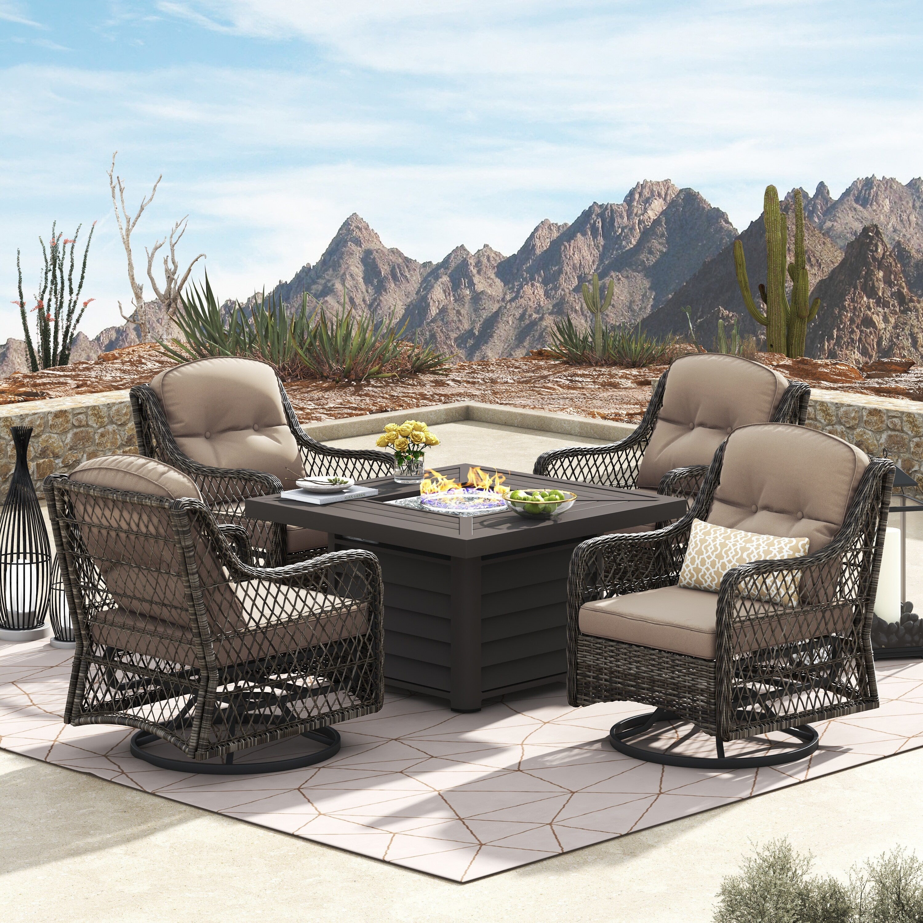 Ensemble de salon de jardin pivotant Corvus Vasconia 5 pièces en résine tressée avec table à feu