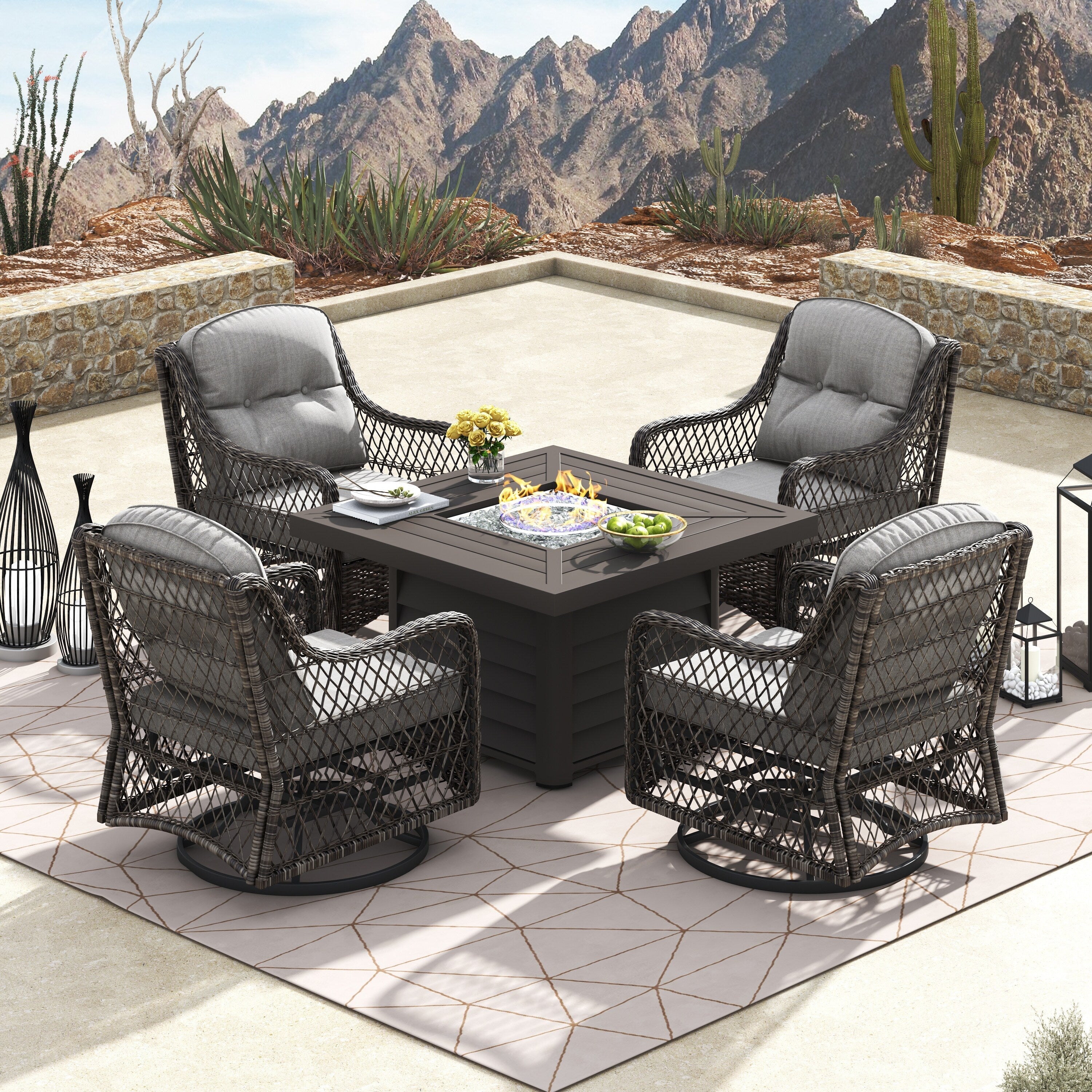 Ensemble de salon de jardin pivotant Corvus Vasconia 5 pièces en résine tressée avec table à feu