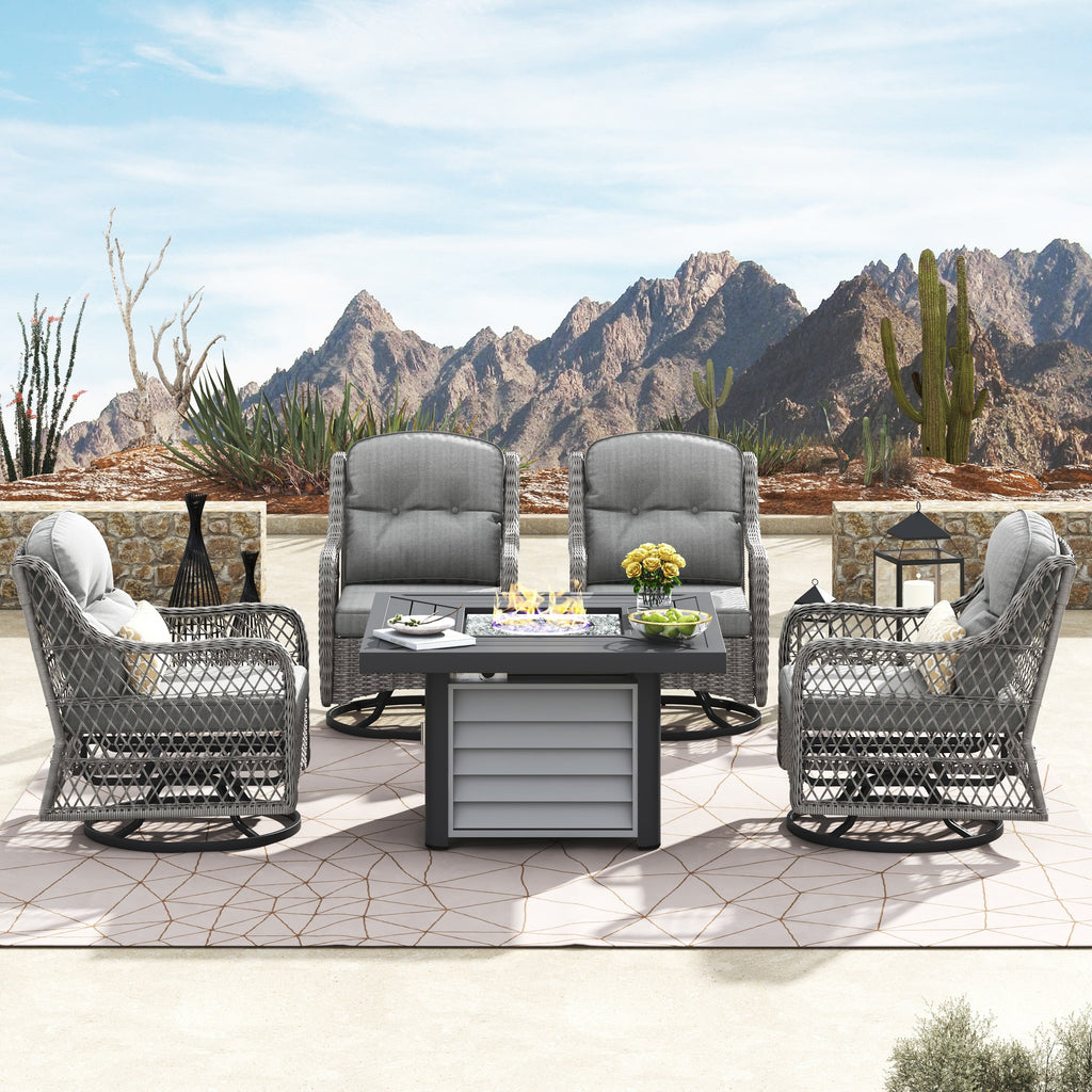 Ensemble de salon de jardin pivotant Corvus Vasconia 5 pièces en résine tressée avec table à feu