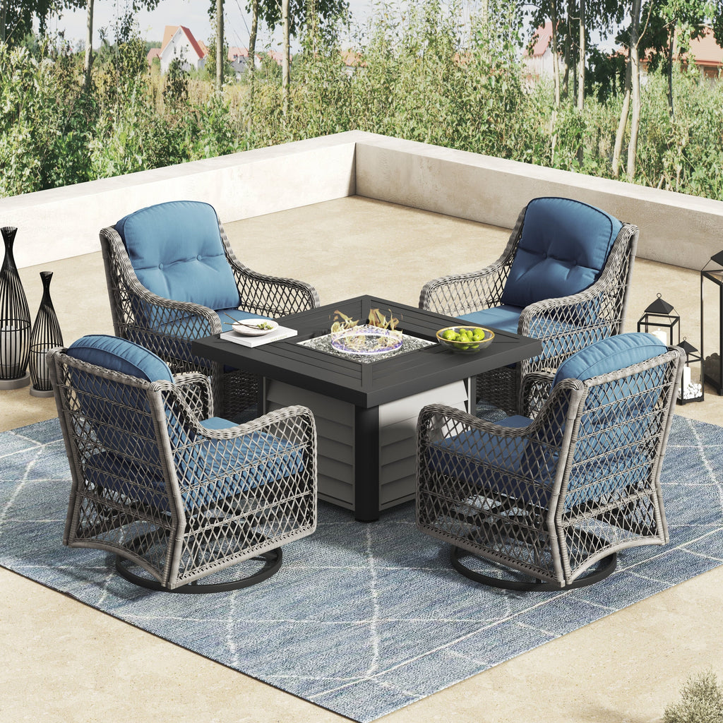 Ensemble de salon de jardin pivotant Corvus Vasconia 5 pièces en résine tressée avec table à feu