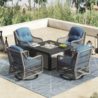 Ensemble de salon de jardin pivotant Corvus Vasconia 5 pièces en résine tressée avec table à feu