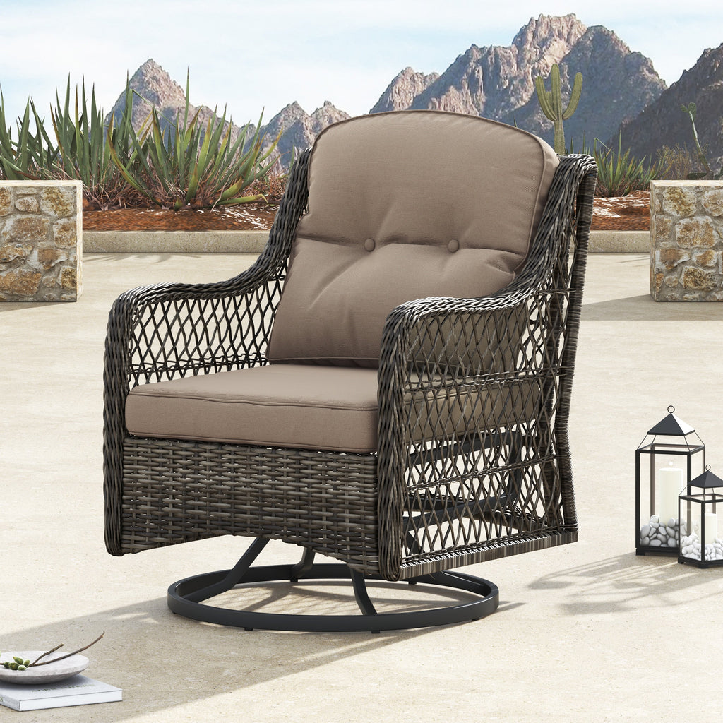 Ensemble de salon de jardin pivotant Corvus Vasconia 5 pièces en résine tressée avec table à feu