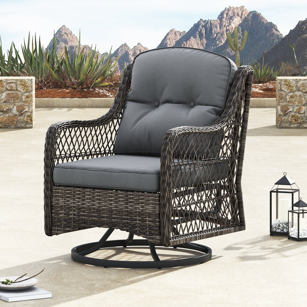 Ensemble de salon de jardin pivotant Corvus Vasconia 5 pièces en résine tressée avec table à feu