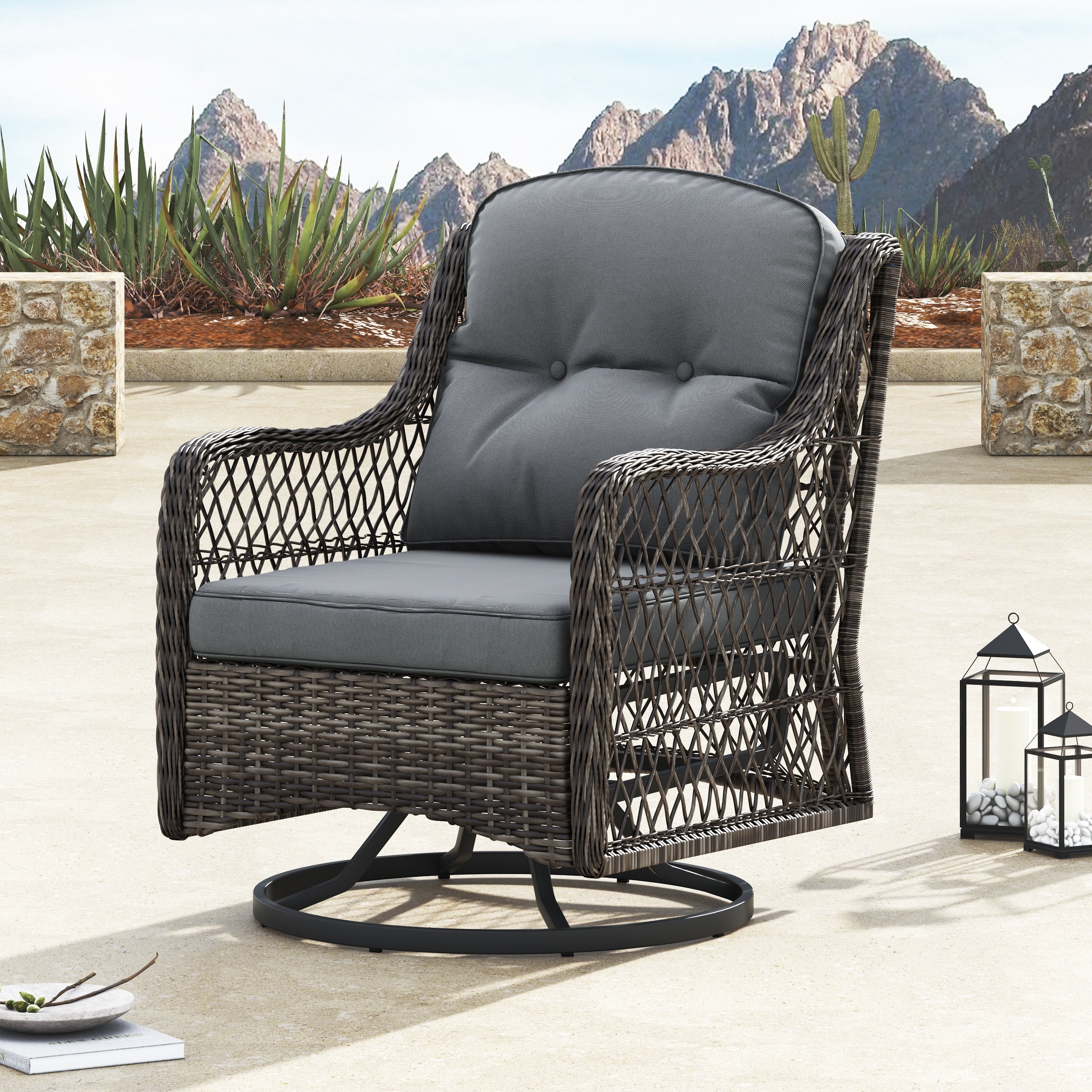 Ensemble de salon de jardin pivotant Corvus Vasconia 5 pièces en résine tressée avec table à feu