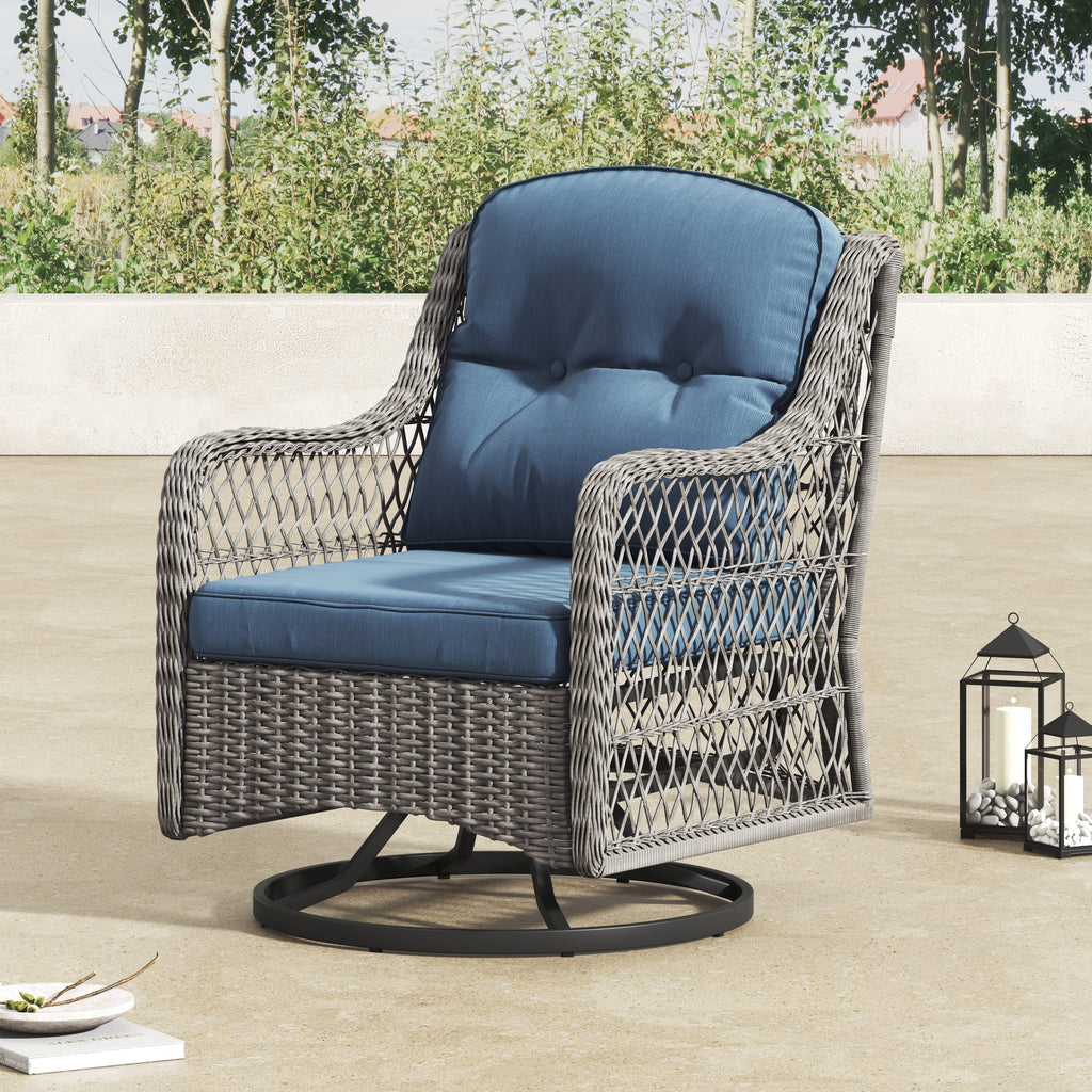 Ensemble de salon de jardin pivotant Corvus Vasconia 5 pièces en résine tressée avec table à feu