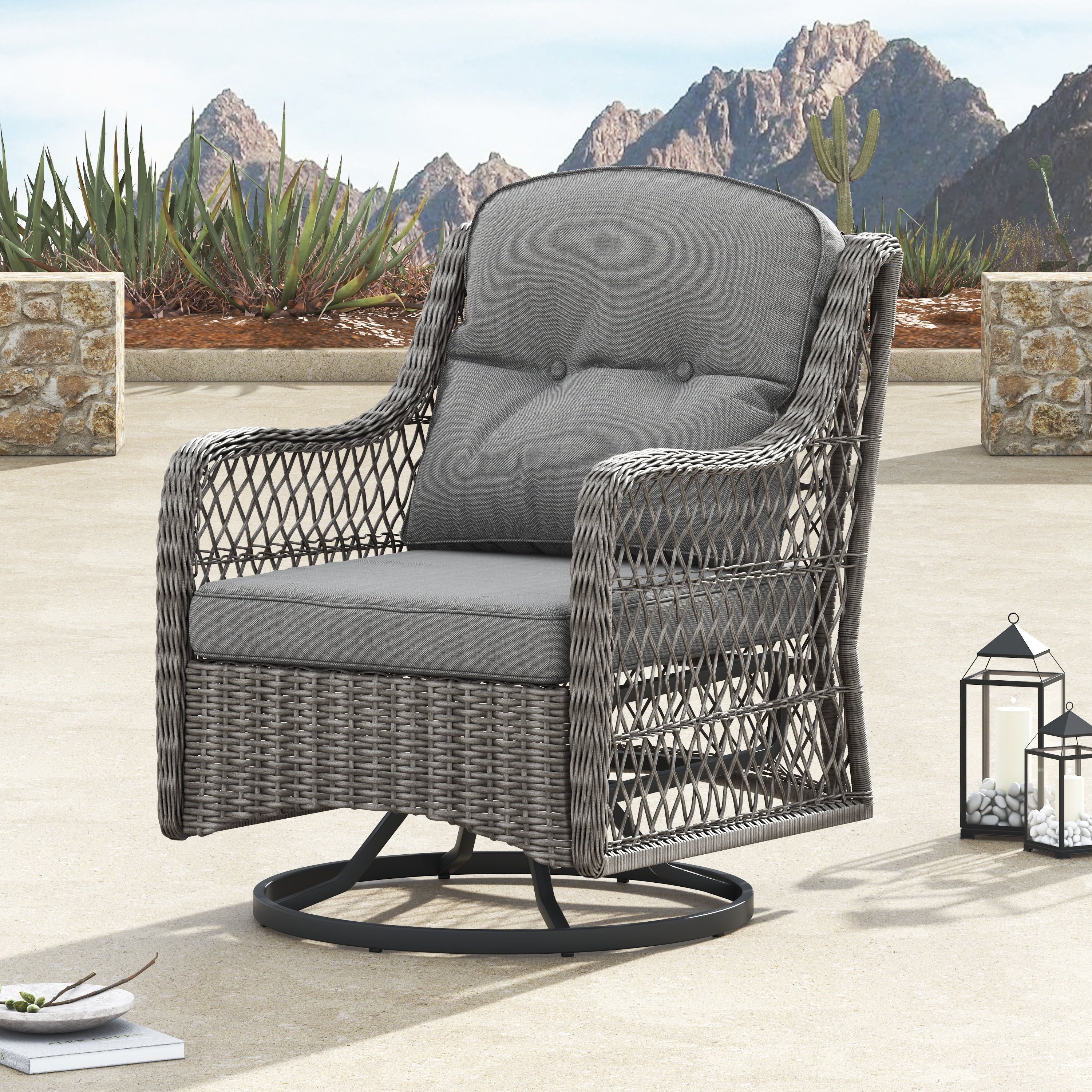 Ensemble de salon de jardin pivotant Corvus Vasconia 5 pièces en résine tressée avec table à feu