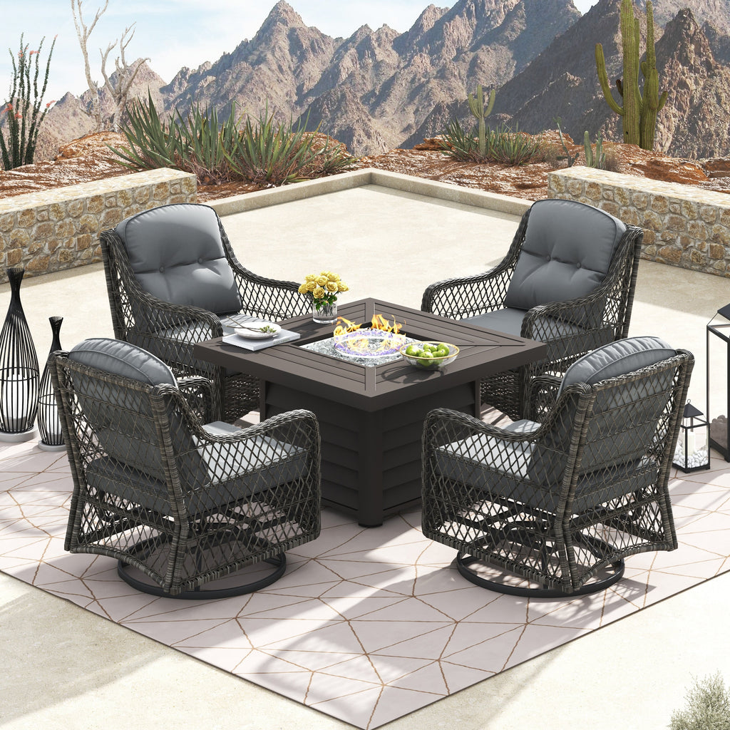 Ensemble de salon de jardin pivotant Corvus Vasconia 5 pièces en résine tressée avec table à feu