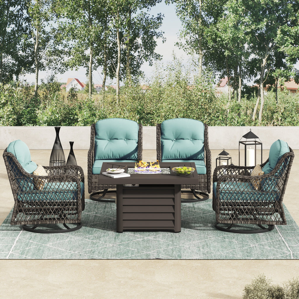 Ensemble de salon de jardin pivotant Corvus Vasconia 5 pièces en résine tressée avec table à feu