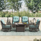 Ensemble de salon de jardin pivotant Corvus Vasconia 5 pièces en résine tressée avec table à feu