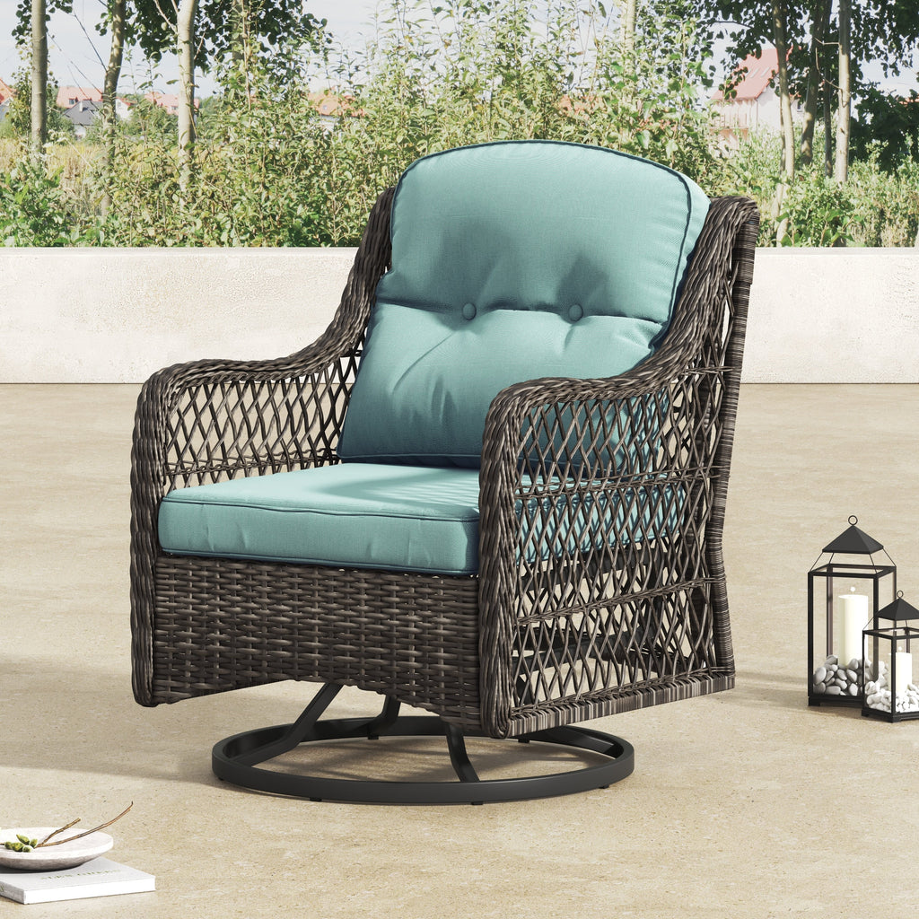 Ensemble de salon de jardin pivotant Corvus Vasconia 5 pièces en résine tressée avec table à feu