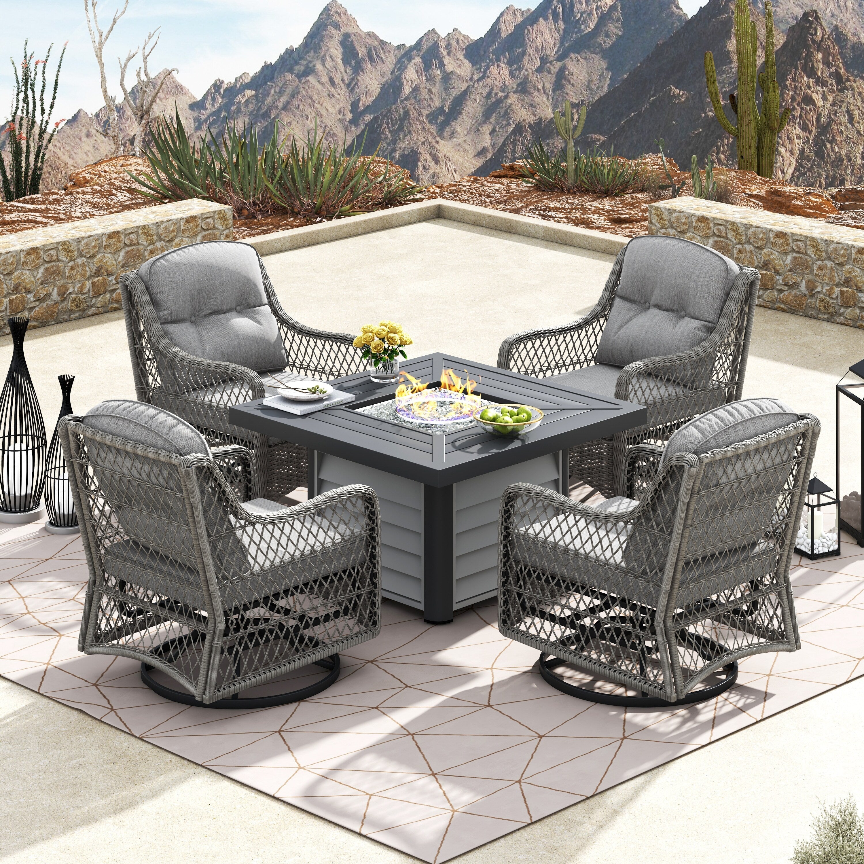 Ensemble de salon de jardin pivotant Corvus Vasconia 5 pièces en résine tressée avec table à feu