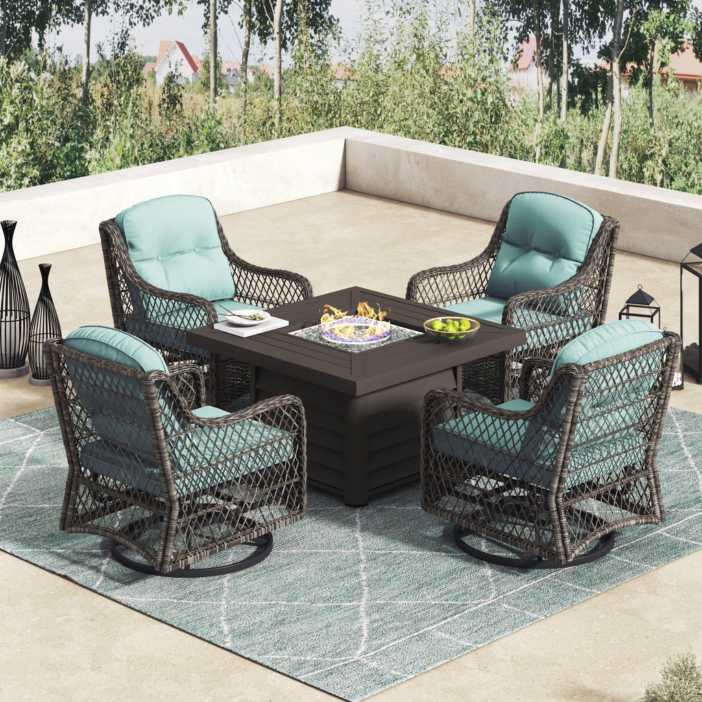 Ensemble de salon de jardin pivotant Corvus Vasconia 5 pièces en résine tressée avec table à feu