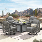 Ensemble de salon de jardin pivotant Corvus Vasconia 5 pièces en résine tressée avec table à feu