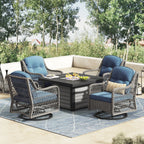 Ensemble de salon de jardin pivotant Corvus Vasconia 5 pièces en résine tressée avec table à feu