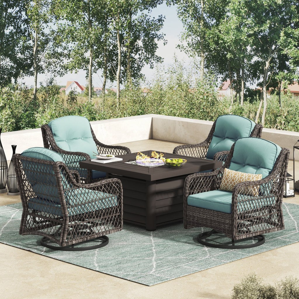 Ensemble de salon de jardin pivotant Corvus Vasconia 5 pièces en résine tressée avec table à feu