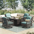 Ensemble de salon de jardin pivotant Corvus Vasconia 5 pièces en résine tressée avec table à feu