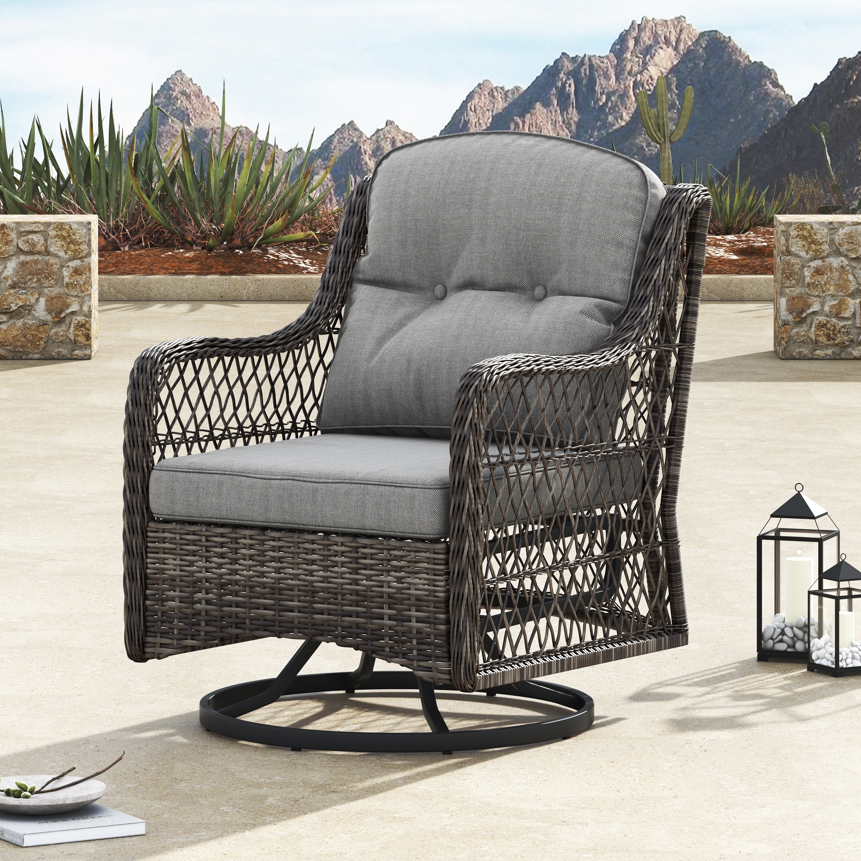 Ensemble de salon de jardin pivotant Corvus Vasconia 5 pièces en résine tressée avec table à feu