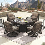Ensemble de salon de jardin pivotant Corvus Vasconia 5 pièces en résine tressée avec table à feu