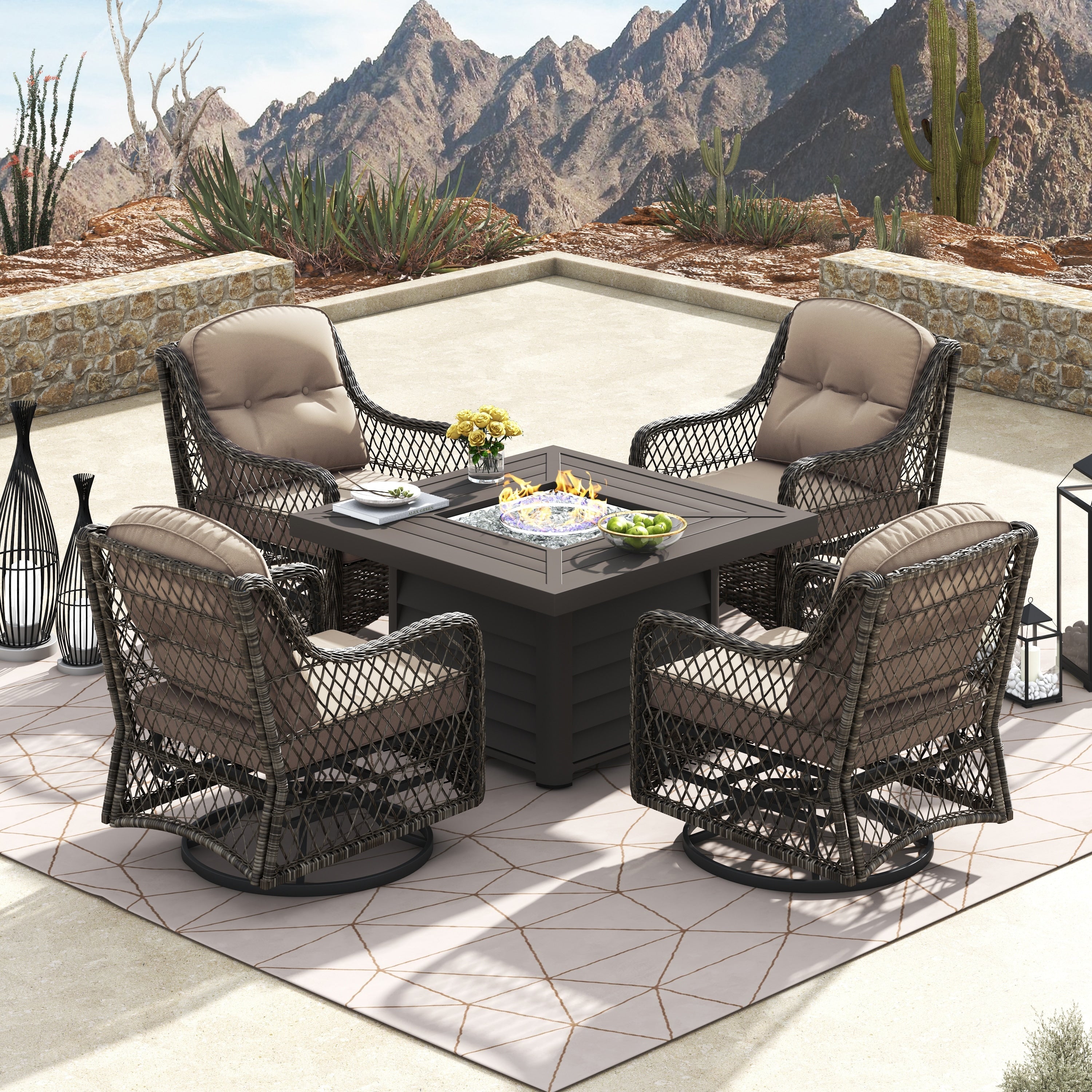 Ensemble de salon de jardin pivotant Corvus Vasconia 5 pièces en résine tressée avec table à feu