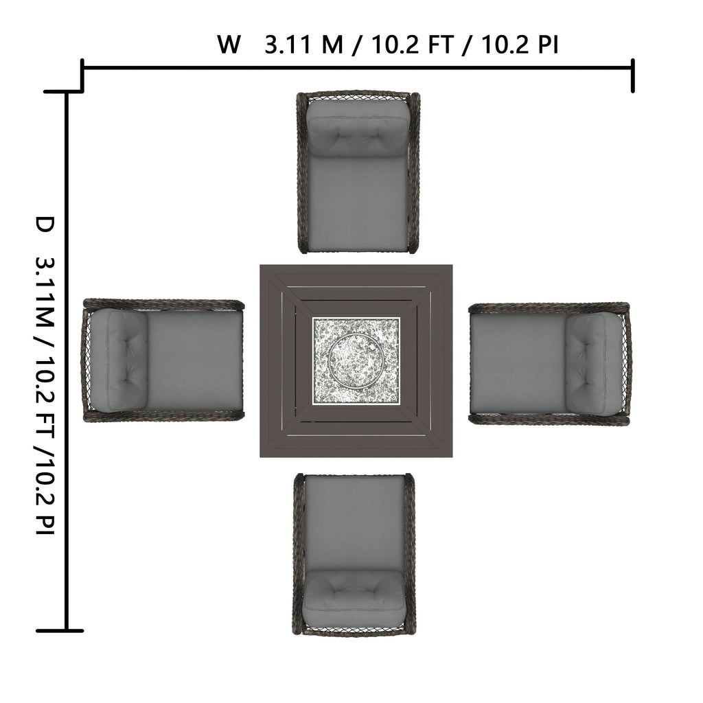 Ensemble de salon de jardin pivotant Corvus Vasconia 5 pièces en résine tressée avec table à feu
