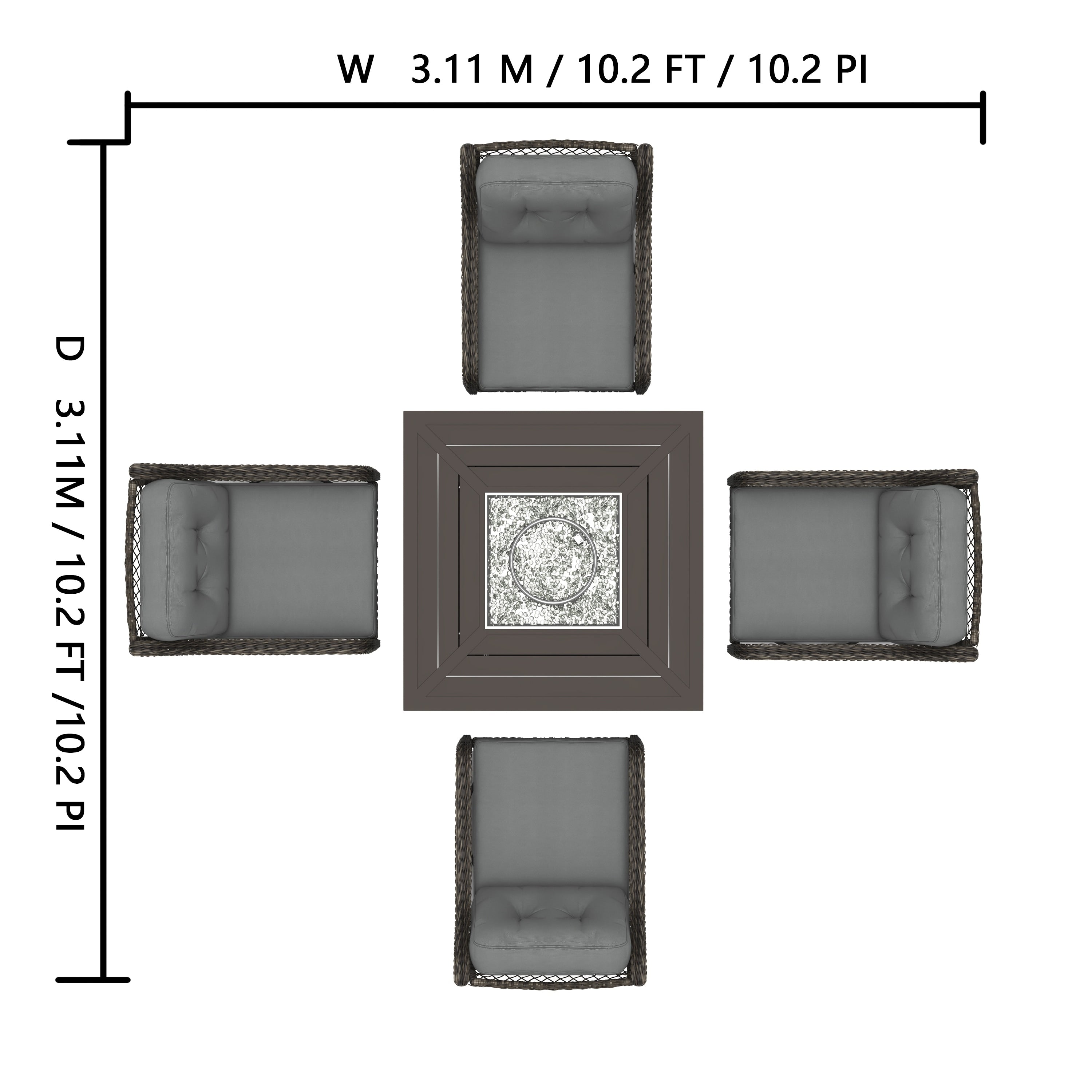 Ensemble de salon de jardin pivotant Corvus Vasconia 5 pièces en résine tressée avec table à feu