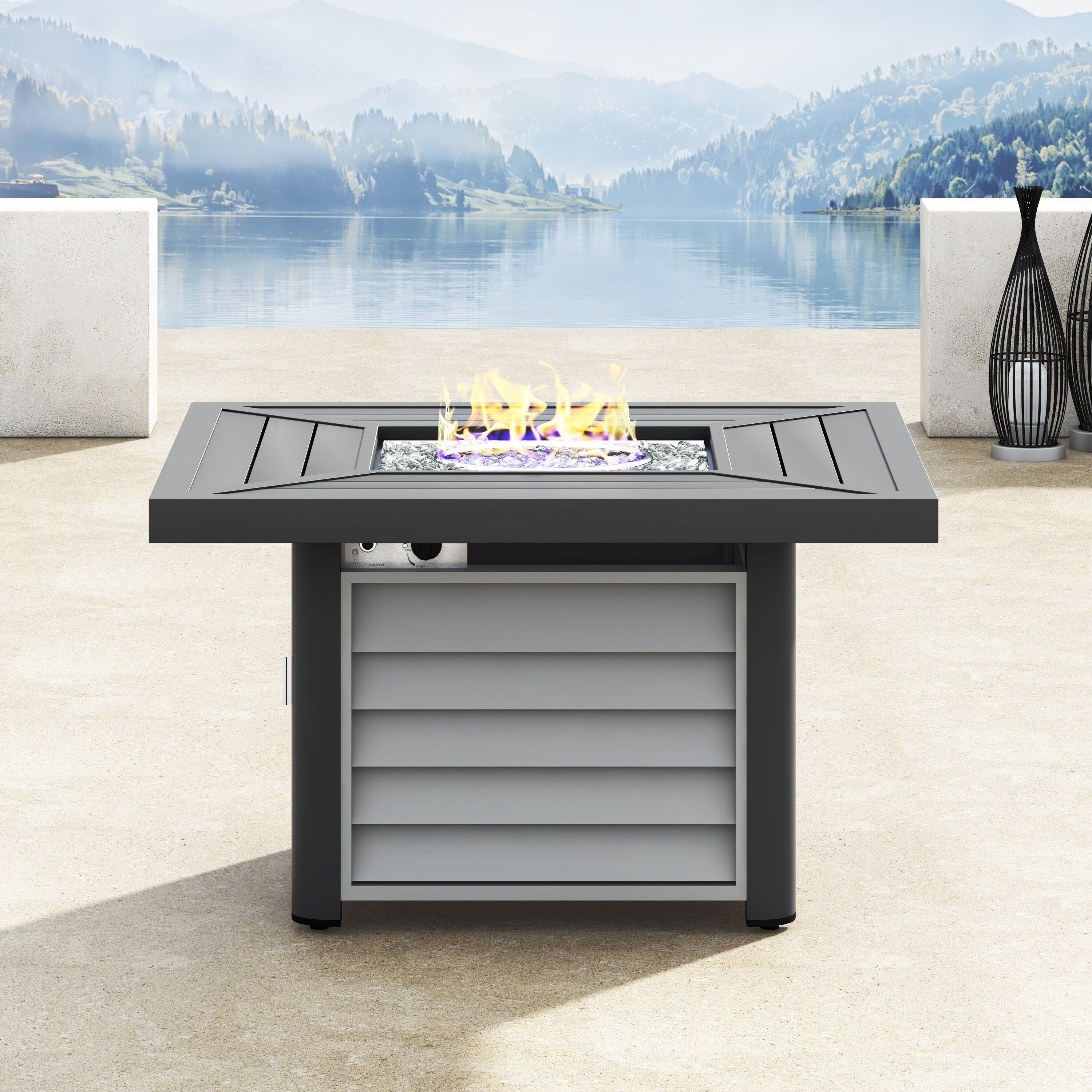 Ensemble de salon de jardin pivotant Corvus Vasconia 5 pièces en résine tressée avec table à feu