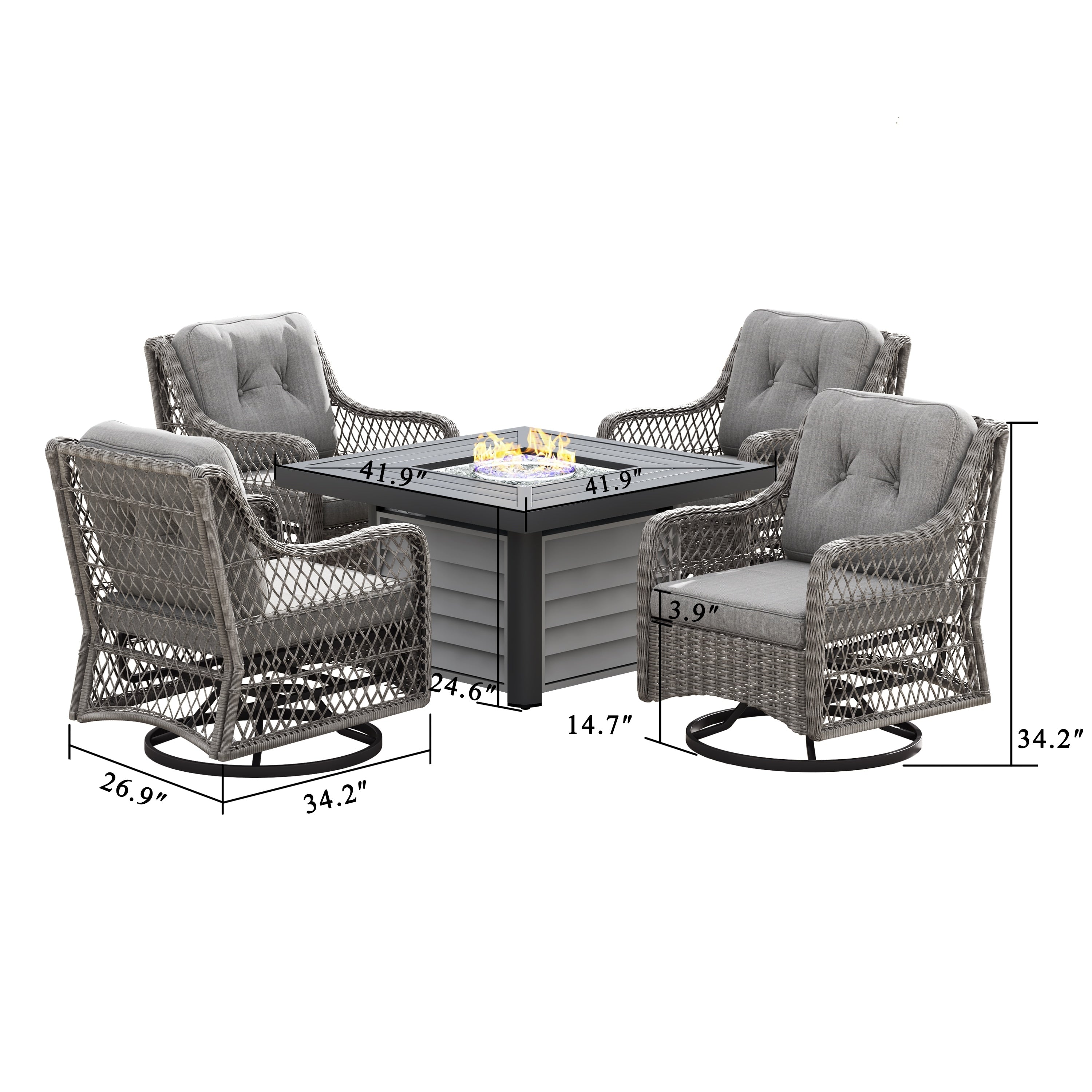 Ensemble de salon de jardin pivotant Corvus Vasconia 5 pièces en résine tressée avec table à feu