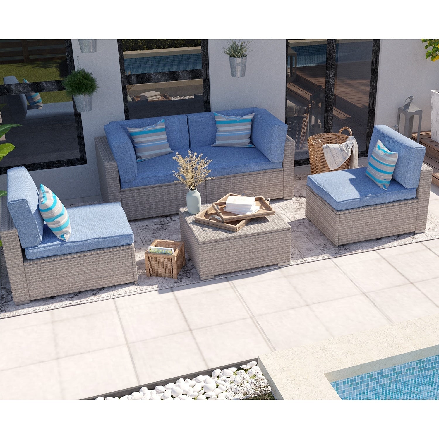 Ensemble de meubles de patio extérieur en osier 5 pièces le plus confortable avec table basse