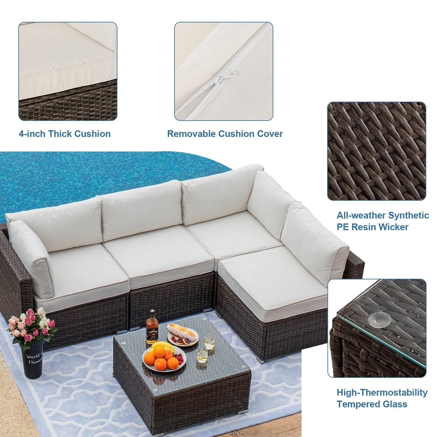 Ensemble de meubles de patio extérieur en osier 5 pièces le plus confortable avec table basse