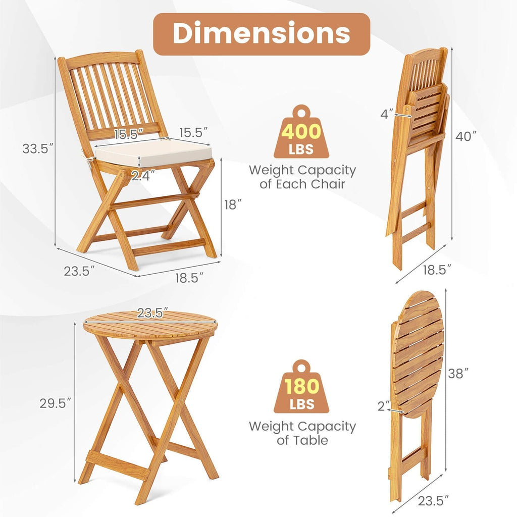Ensemble bistrot de patio Costway 3 pièces en bois d'acacia avec table et chaises pliantes - Voir les détails