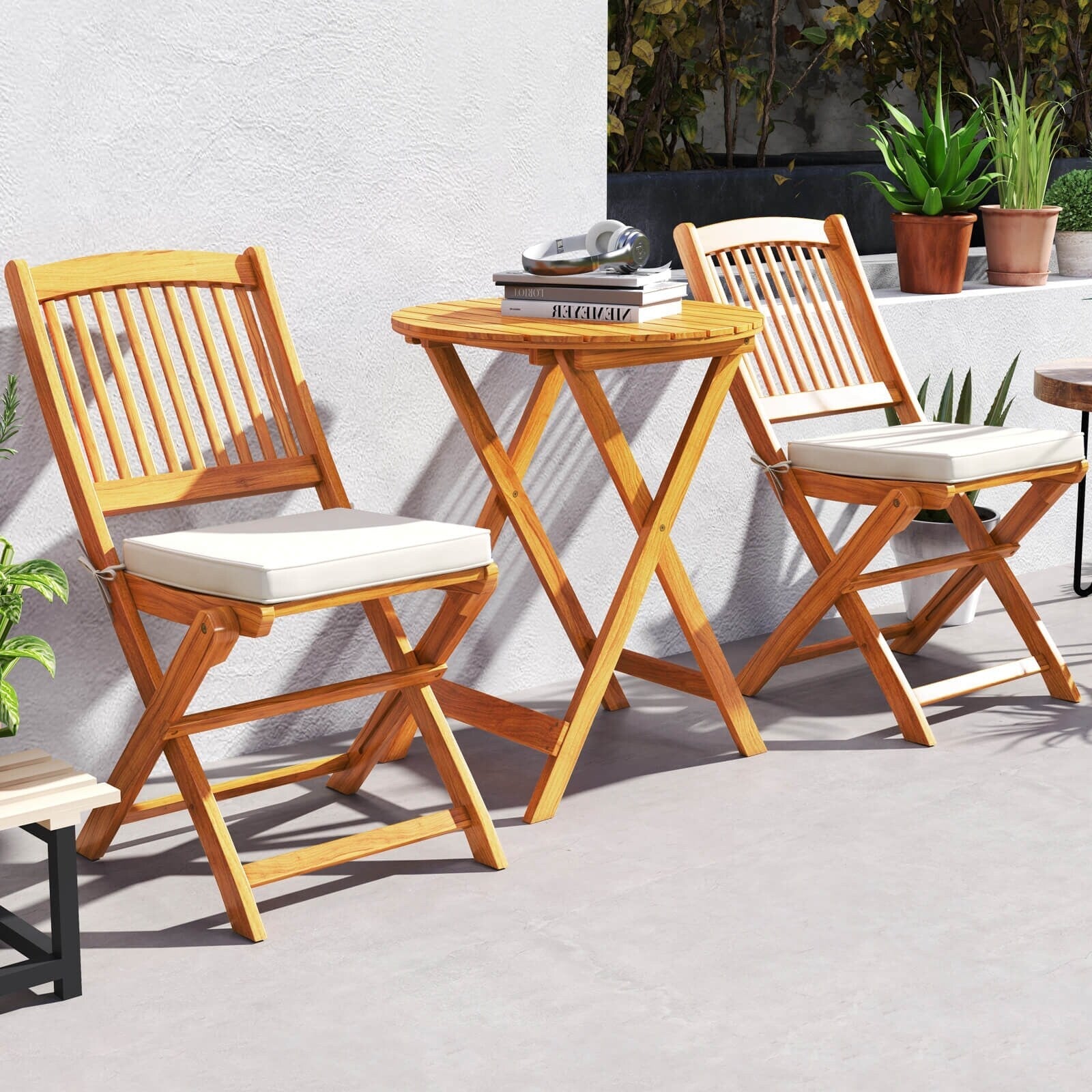 Ensemble bistrot de patio Costway 3 pièces en bois d'acacia avec table et chaises pliantes - Voir les détails
