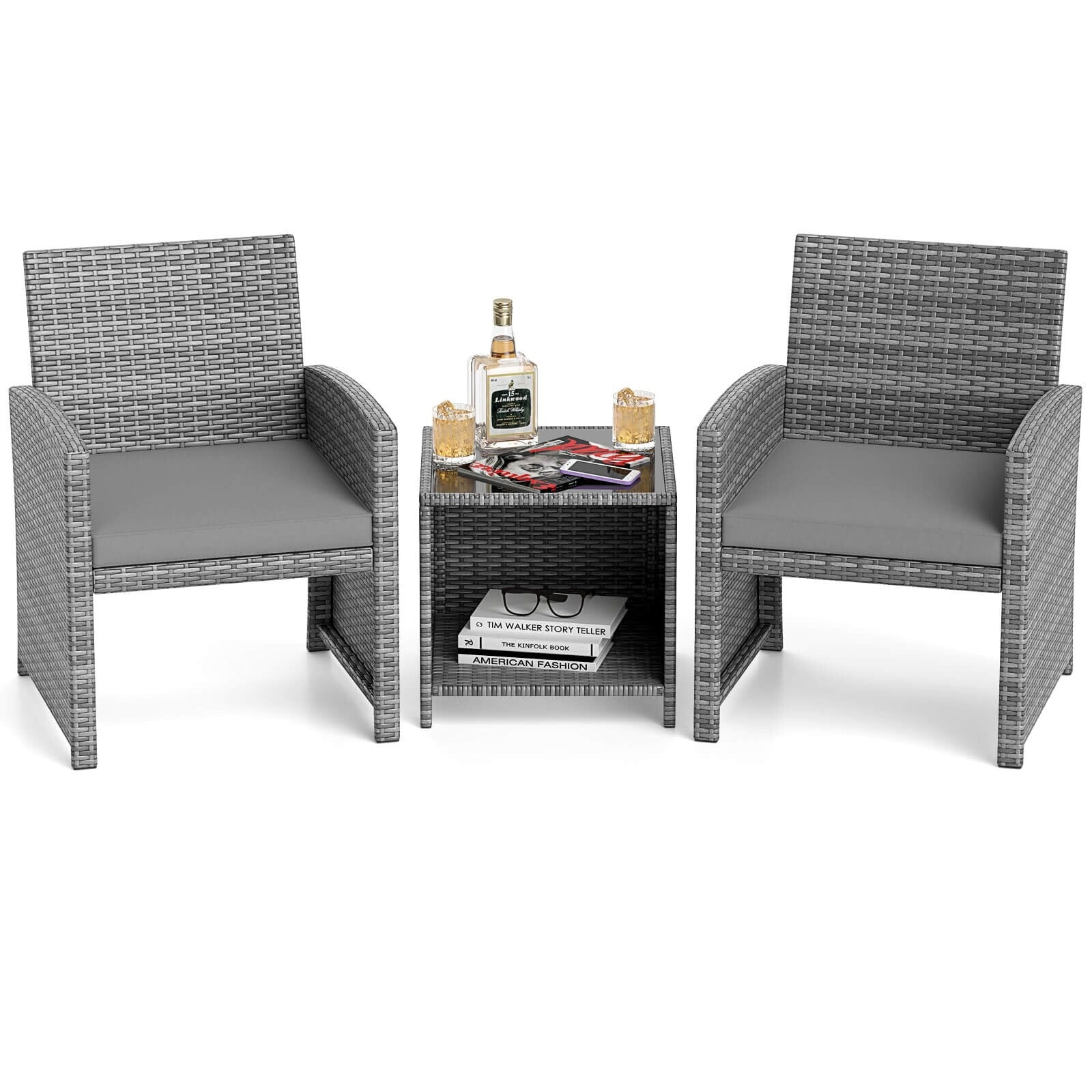 Ensemble de meubles de jardin Costway 3 pièces avec table basse en verre trempé et - Voir les détails