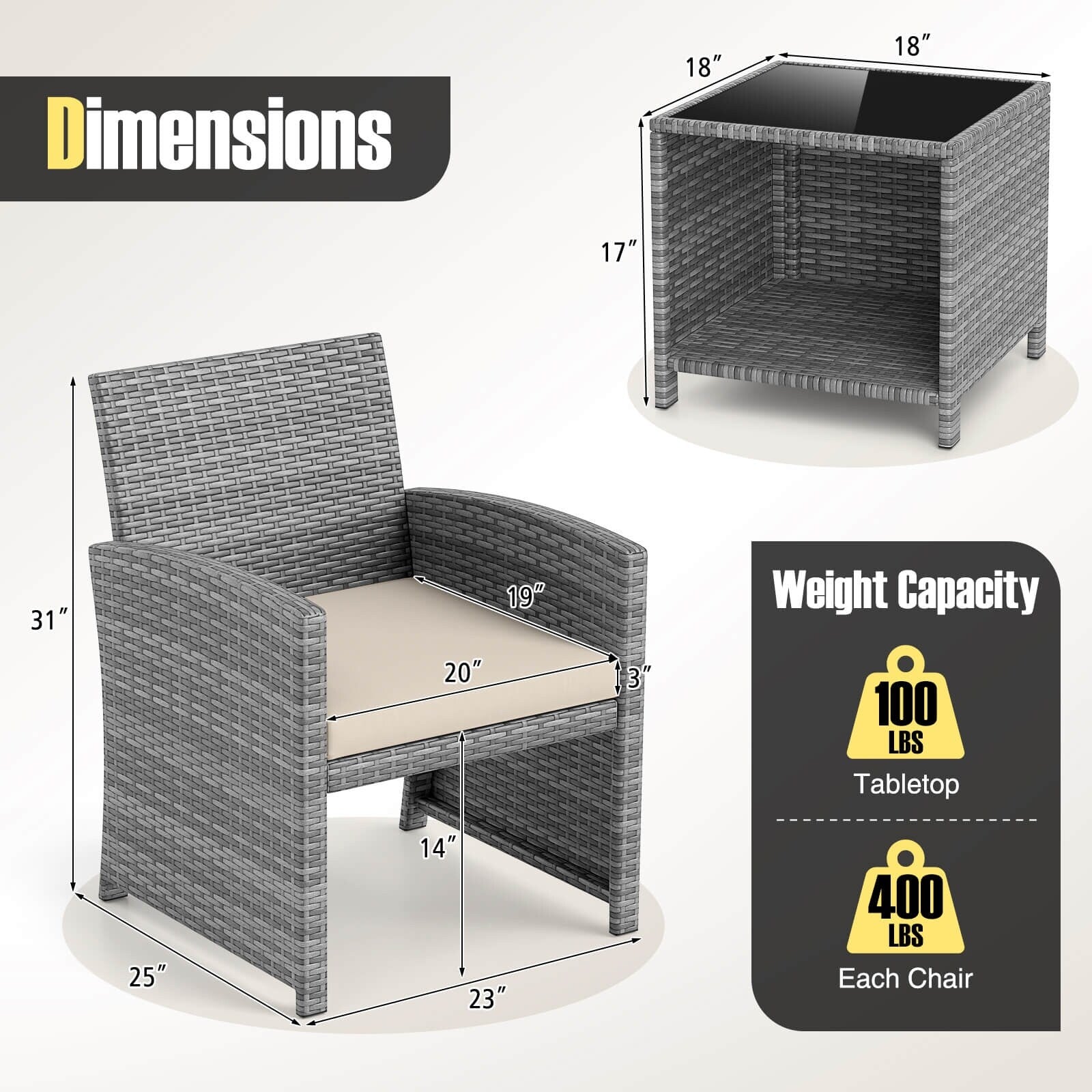 Ensemble de meubles de jardin Costway 3 pièces avec table basse en verre trempé et - Voir les détails
