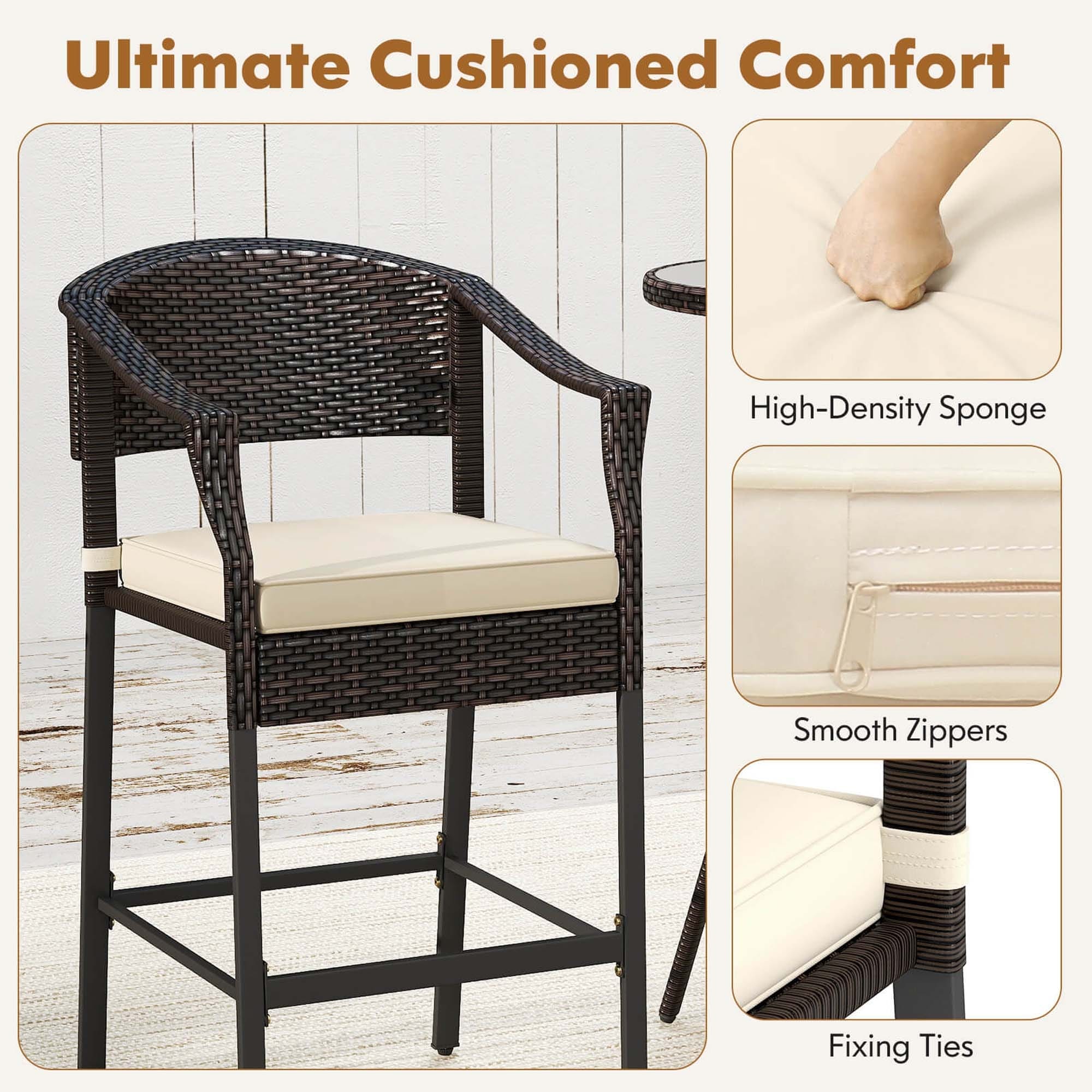 Ensemble de bar Costway 3 pièces en rotin pour patio, fauteuils en osier et table ronde - Voir les détails