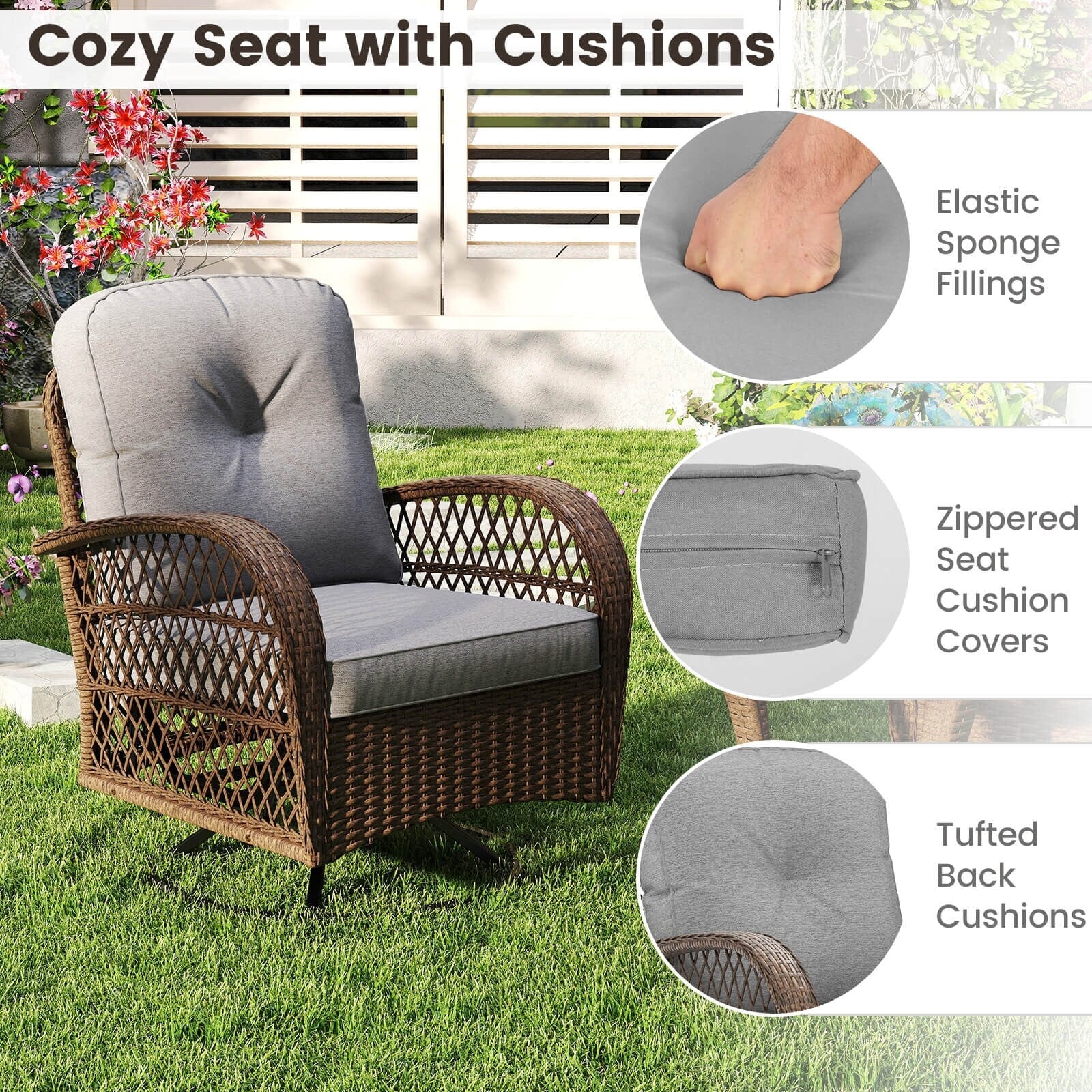 Ensemble de 3 chaises pivotantes et oscillantes Costway pour patio - Voir les détails