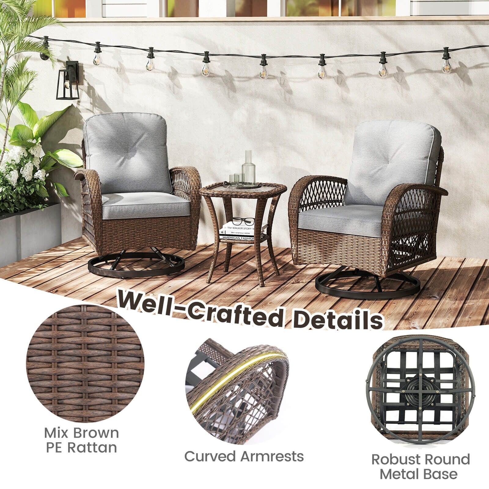 Ensemble de 3 chaises pivotantes et oscillantes Costway pour patio - Voir les détails