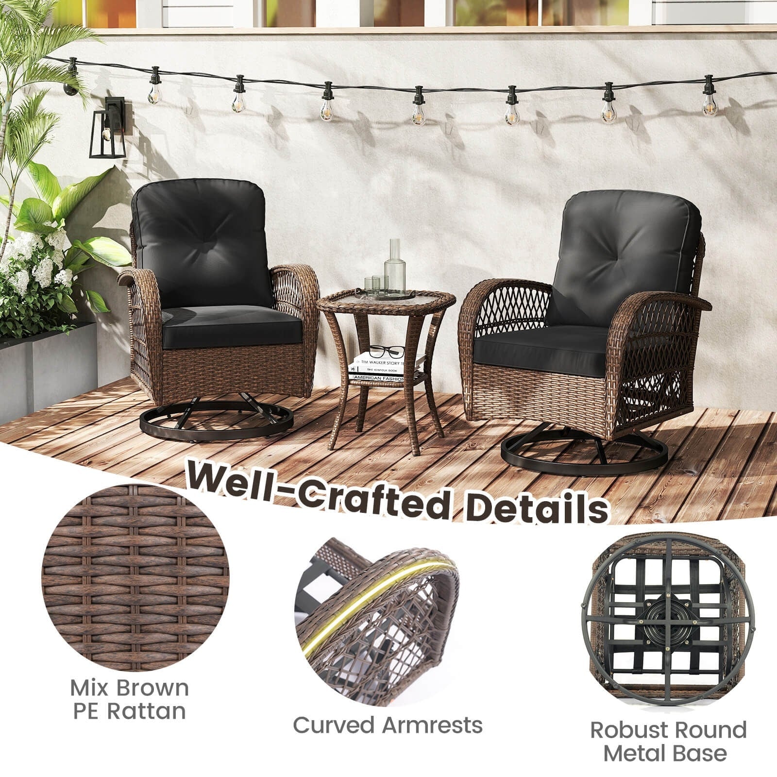 Ensemble de 3 chaises pivotantes et oscillantes Costway pour patio - Voir les détails