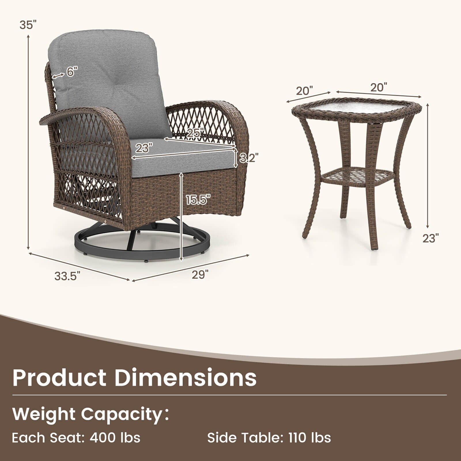 Ensemble de 3 chaises pivotantes et oscillantes Costway pour patio - Voir les détails