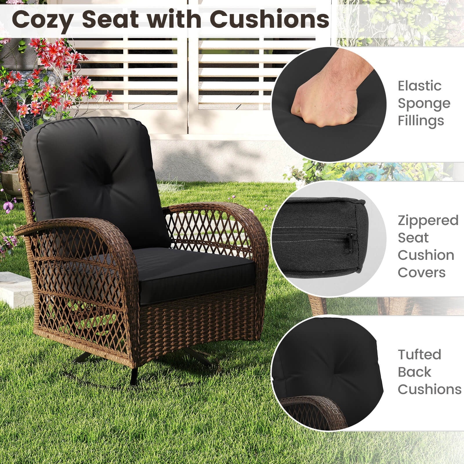 Ensemble de 3 chaises pivotantes et oscillantes Costway pour patio - Voir les détails