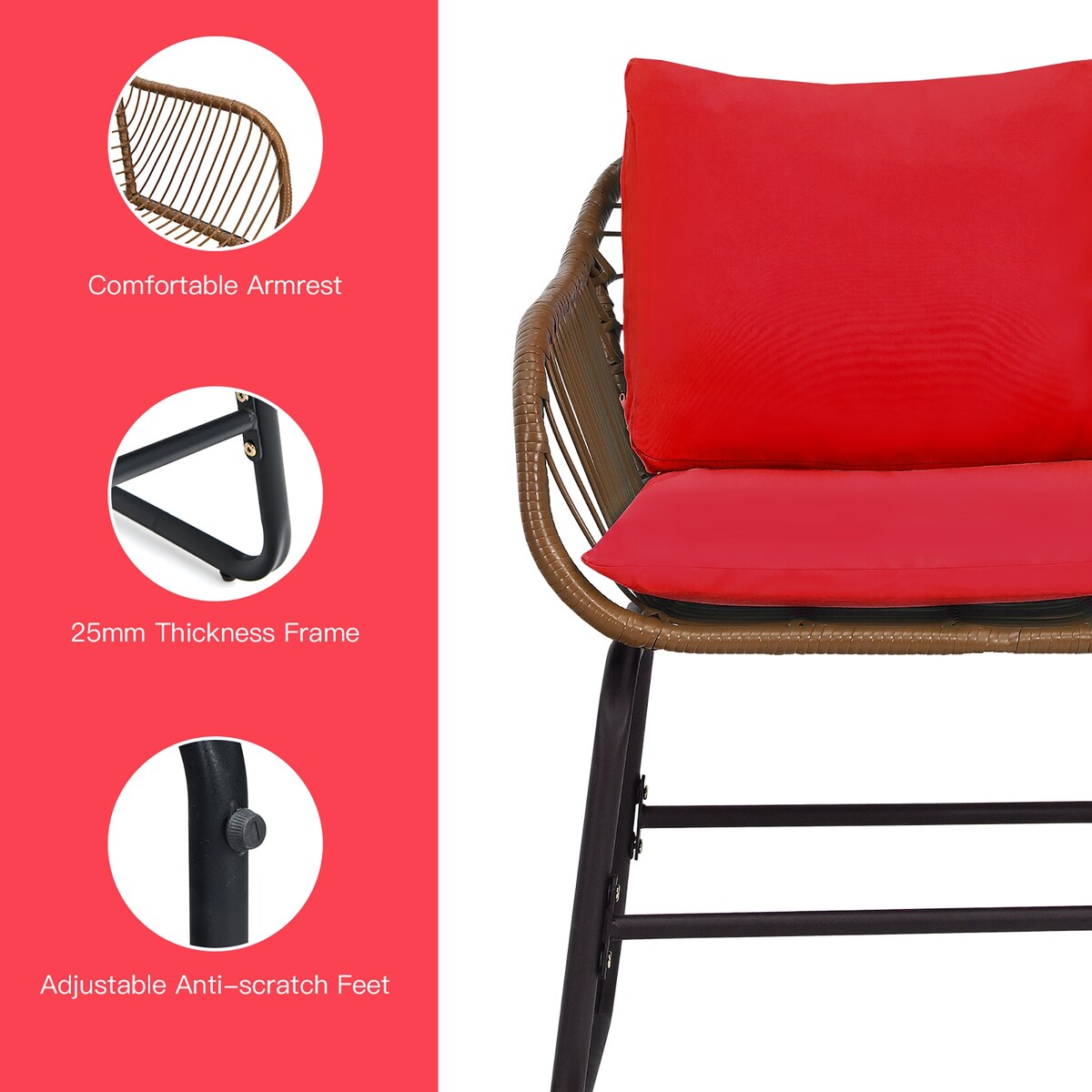 Ensemble bistrot Costway 3 pièces en rotin pour patio, chaises rembourrées, table en verre et terrasse - Voir les détails