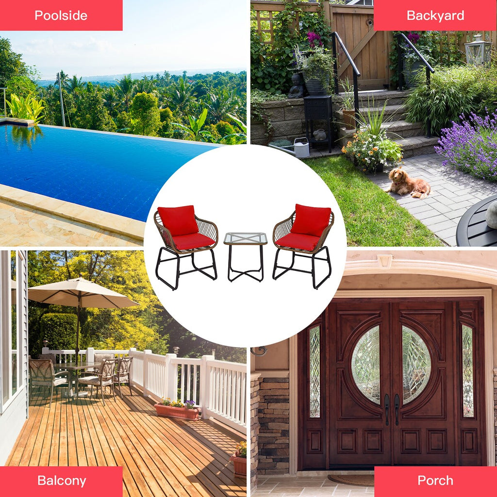 Ensemble bistrot Costway 3 pièces en rotin pour patio, chaises rembourrées, table en verre et terrasse - Voir les détails