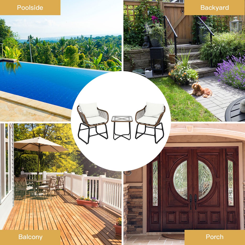 Ensemble bistrot Costway 3 pièces en rotin pour patio, chaises rembourrées, table en verre et terrasse - Voir les détails