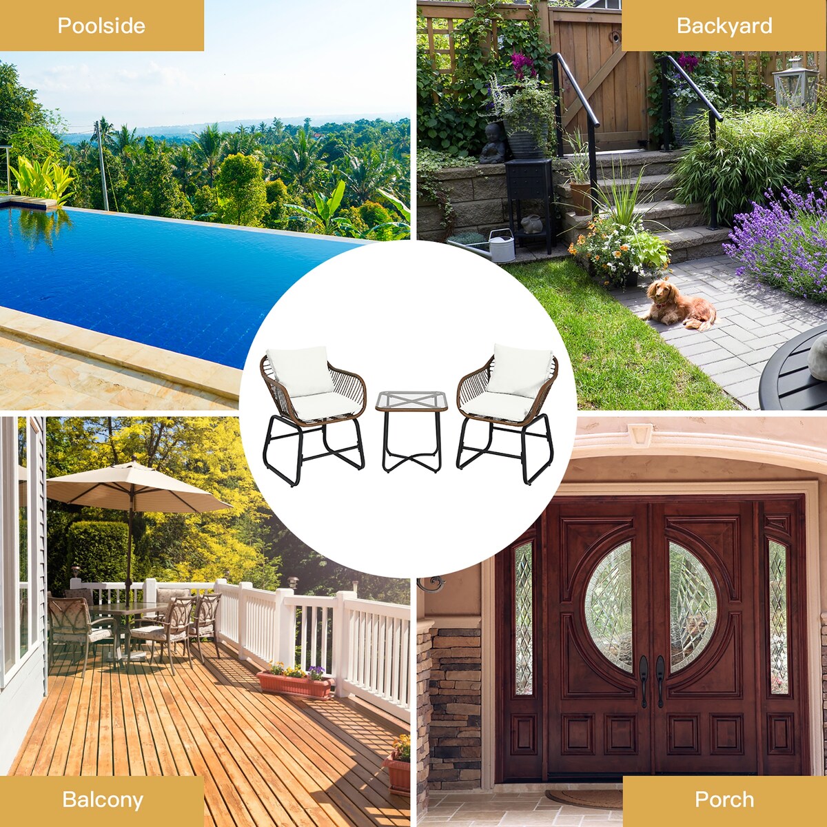 Ensemble bistrot Costway 3 pièces en rotin pour patio, chaises rembourrées, table en verre et terrasse - Voir les détails