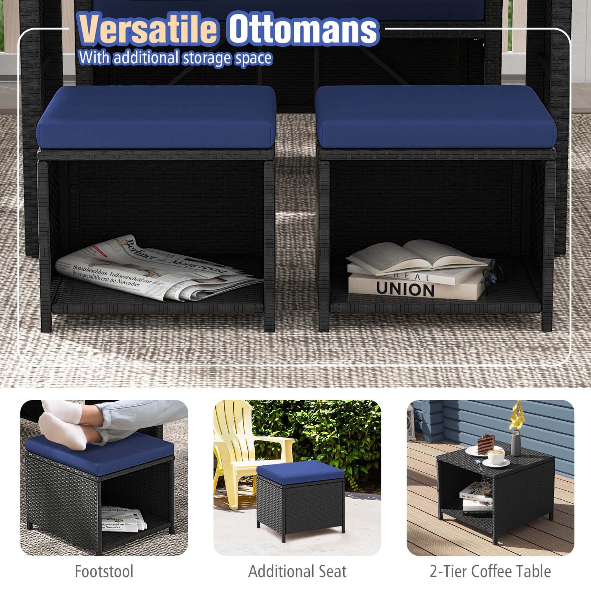 Ensemble de salle à manger d'extérieur Costway 4 pièces, causeuse en rotin et 2 poufs - Voir les détails