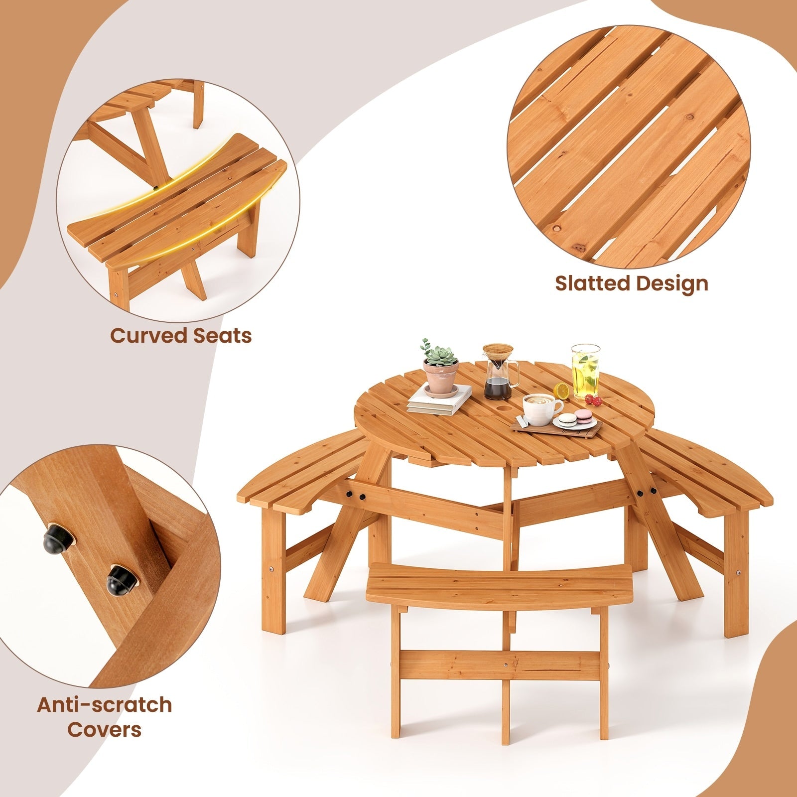 Ensemble de table de pique-nique ronde Costway pour 6 personnes avec 3 bancs intégrés 2 - Voir les détails