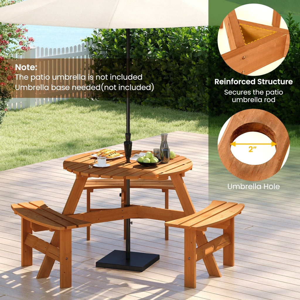 Ensemble de table de pique-nique ronde Costway pour 6 personnes avec 3 bancs intégrés 2 - Voir les détails