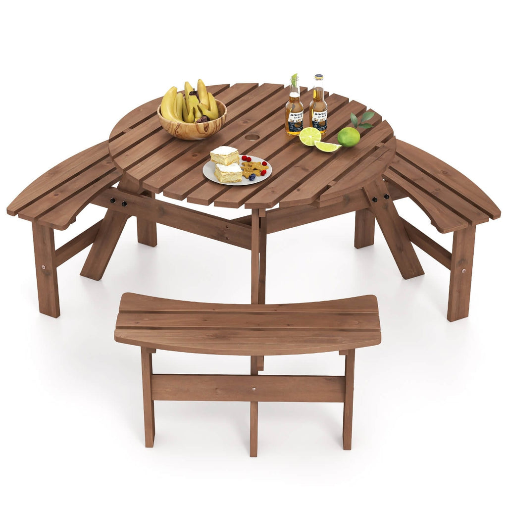 Ensemble de table de pique-nique ronde Costway pour 6 personnes avec 3 bancs intégrés 2 - Voir les détails