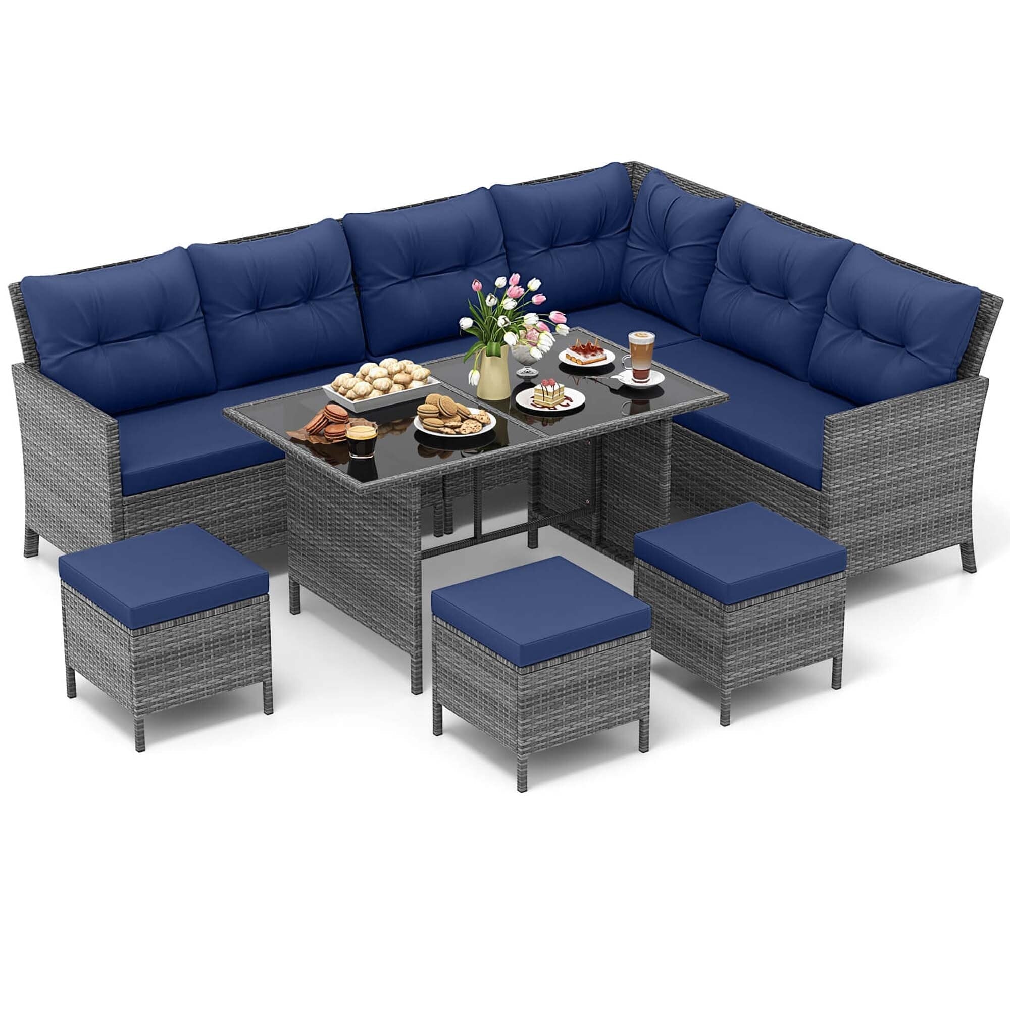 Ensemble de meubles de salle à manger et de jardin Costway 7 pièces avec canapé sectionnel en rotin synthétique - Voir les détails